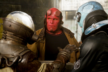From R-L: Johann Krauss (James Dodd), Hellboy (Ron Perlman), and Abe Sapien (Doug Jones) in Hellboy II: The Golden Army