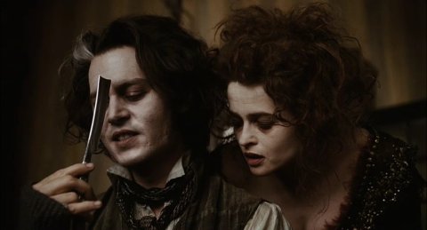 Sweeney Todd (Johnny Depp), Mrs. Lovett (Helena Bonham Carter), and friends 