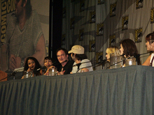 Full Grindhouse panel at Comic-Con International 2006. From L to R: Sydney Poitier, Rosario Dawson, Quentin Tarantino, Robert Rodriguez, Marley Shelton, Rose McGowan, Mary Elizabeth Winstead, Zoe Bell (not pictured)